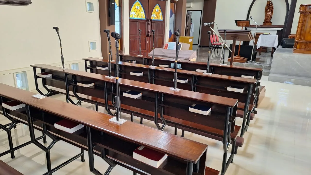 The choir area with its microphones in place.
